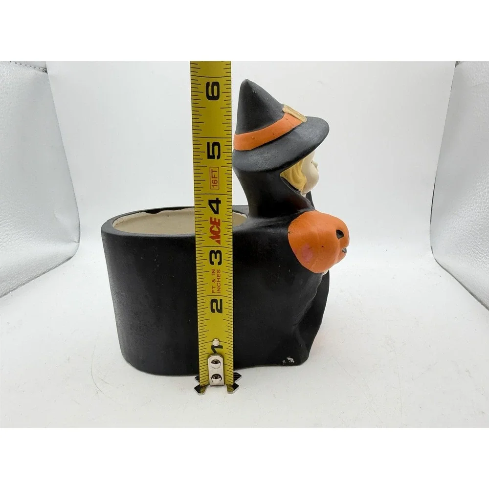 Vintage Halloween Witch Pumpkin Broom Ceramic Planter Container Decor